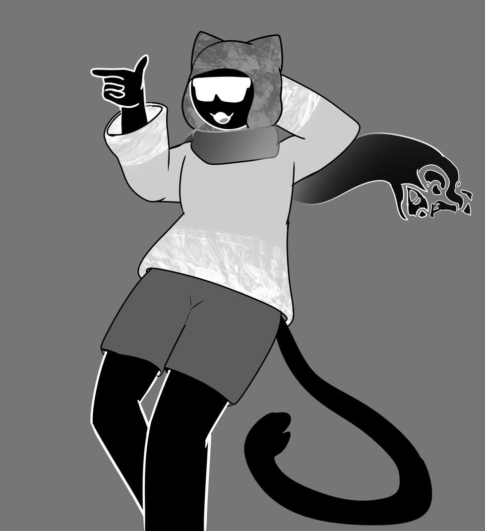 An image of Dark Anon. They are a shadowy creature with white sunglasses. They also have a cat's tail. They are wearing shorts, a scarf, and a sweater, as well as a cat-eared hat.
